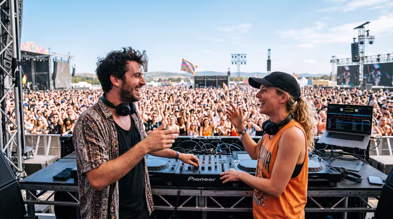 Two DJs laughing and communicating during a festival back-to-back set
