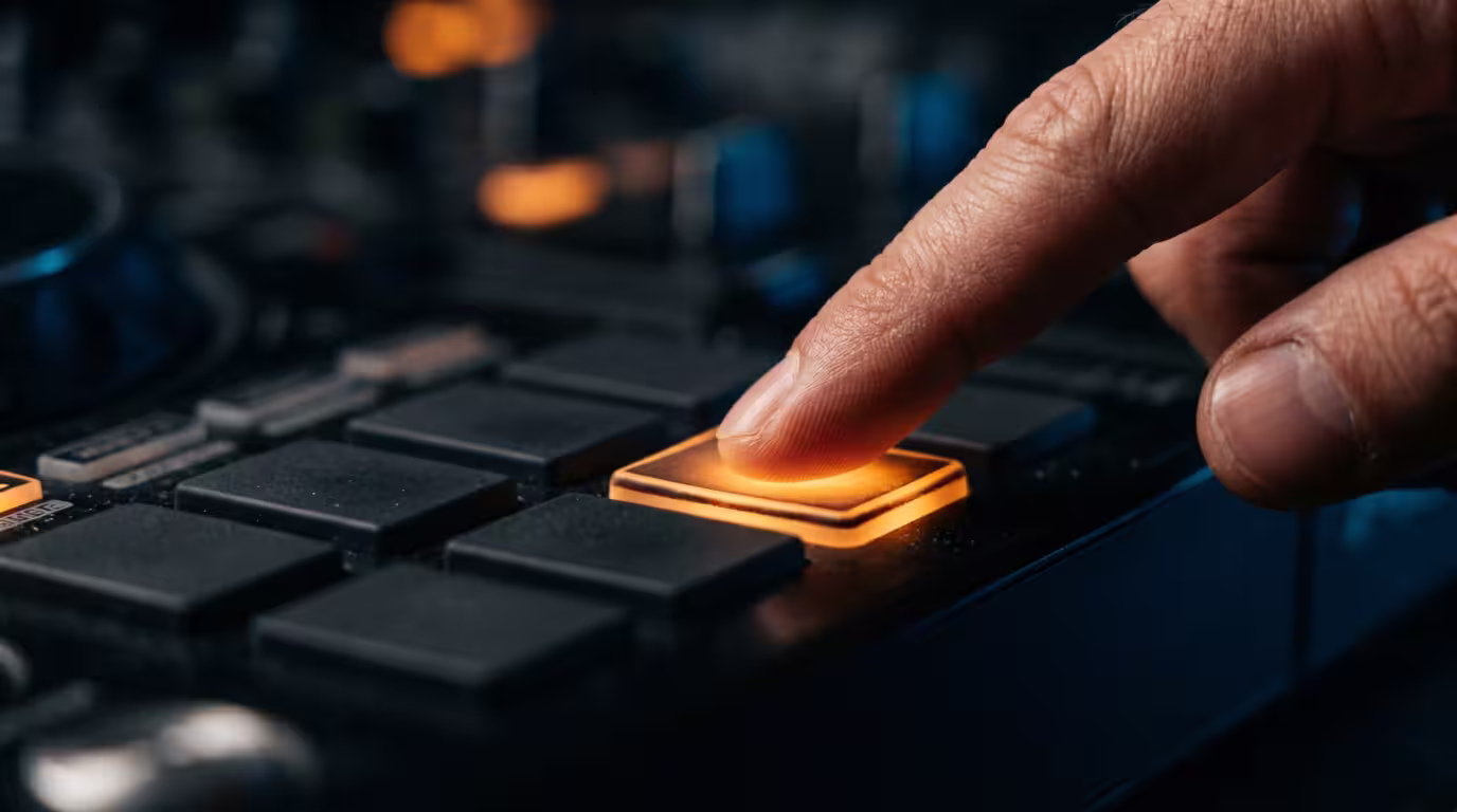 A DJ's finger tapping a single glowing performance pad in time with the beat