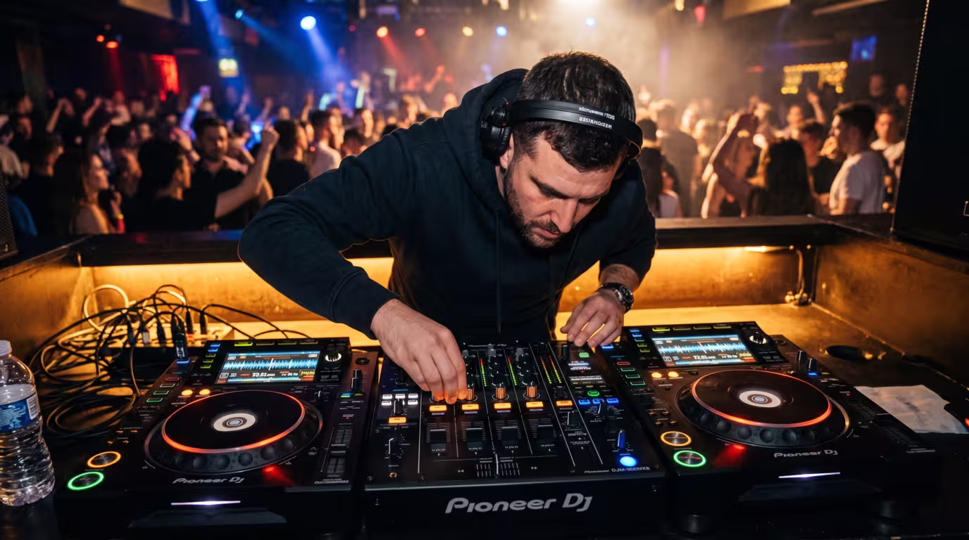 A DJ cueing a track in one headphone cup while mixing
