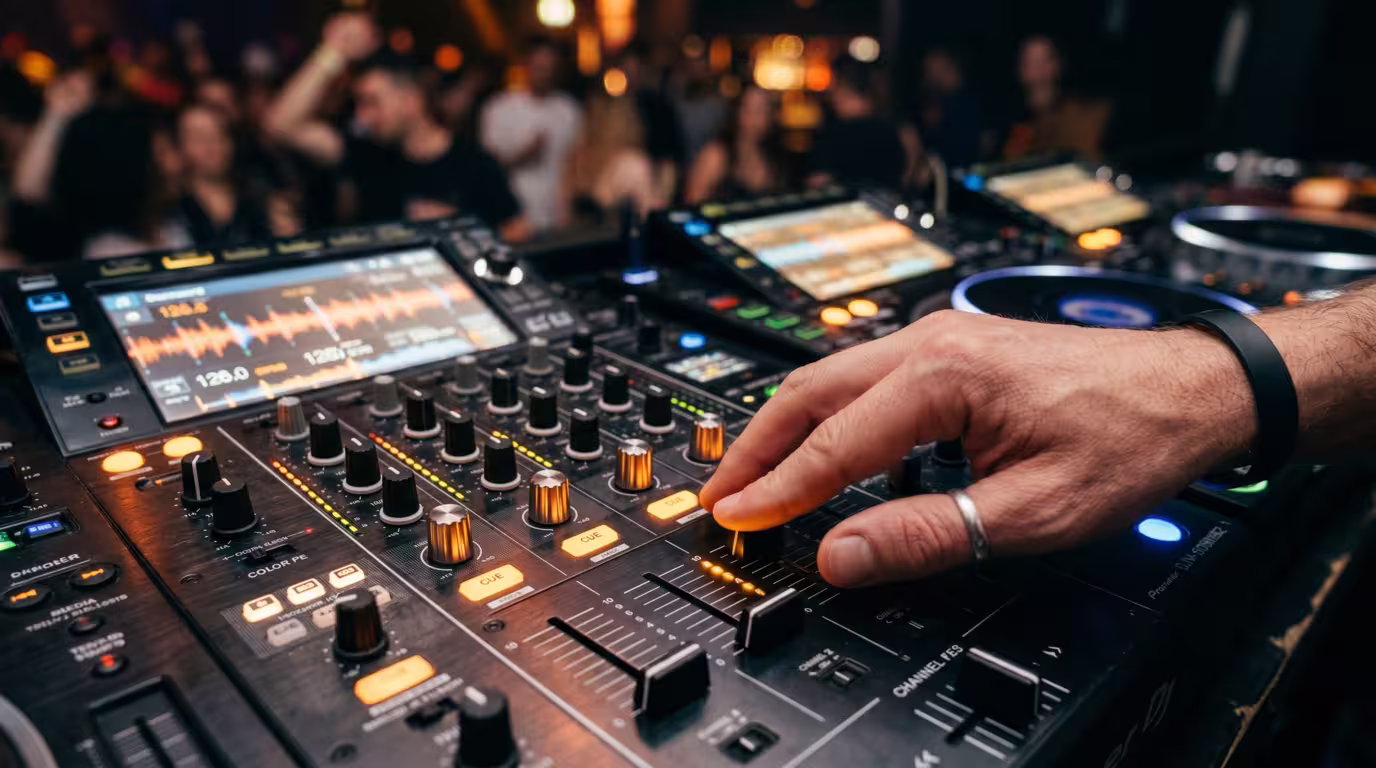 A DJ raising a channel fader during a long blend on a club mixer