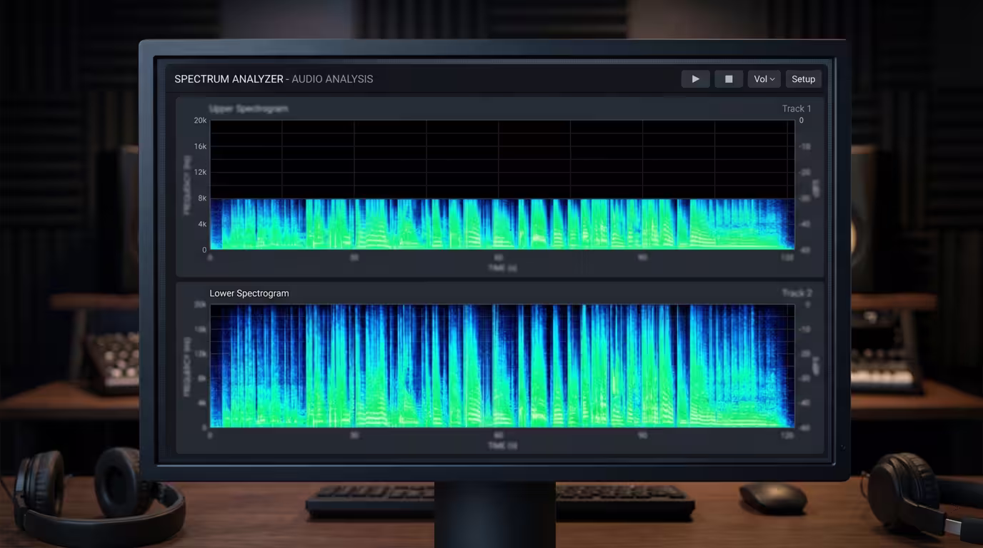 Spectrum analyzer comparing a full-range file with one showing a high-frequency cutoff