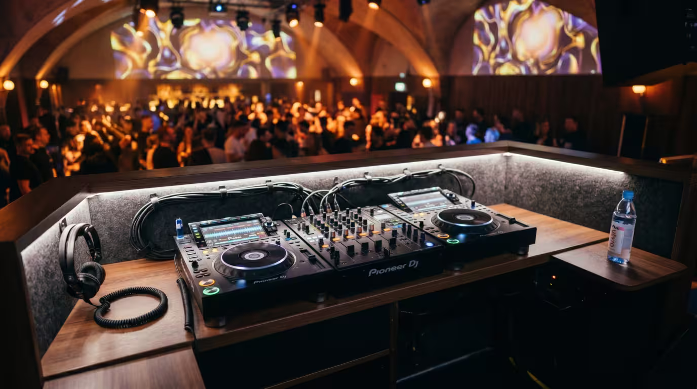 A tidy club DJ booth with CDJs and mixer and a water bottle kept on a separate shelf