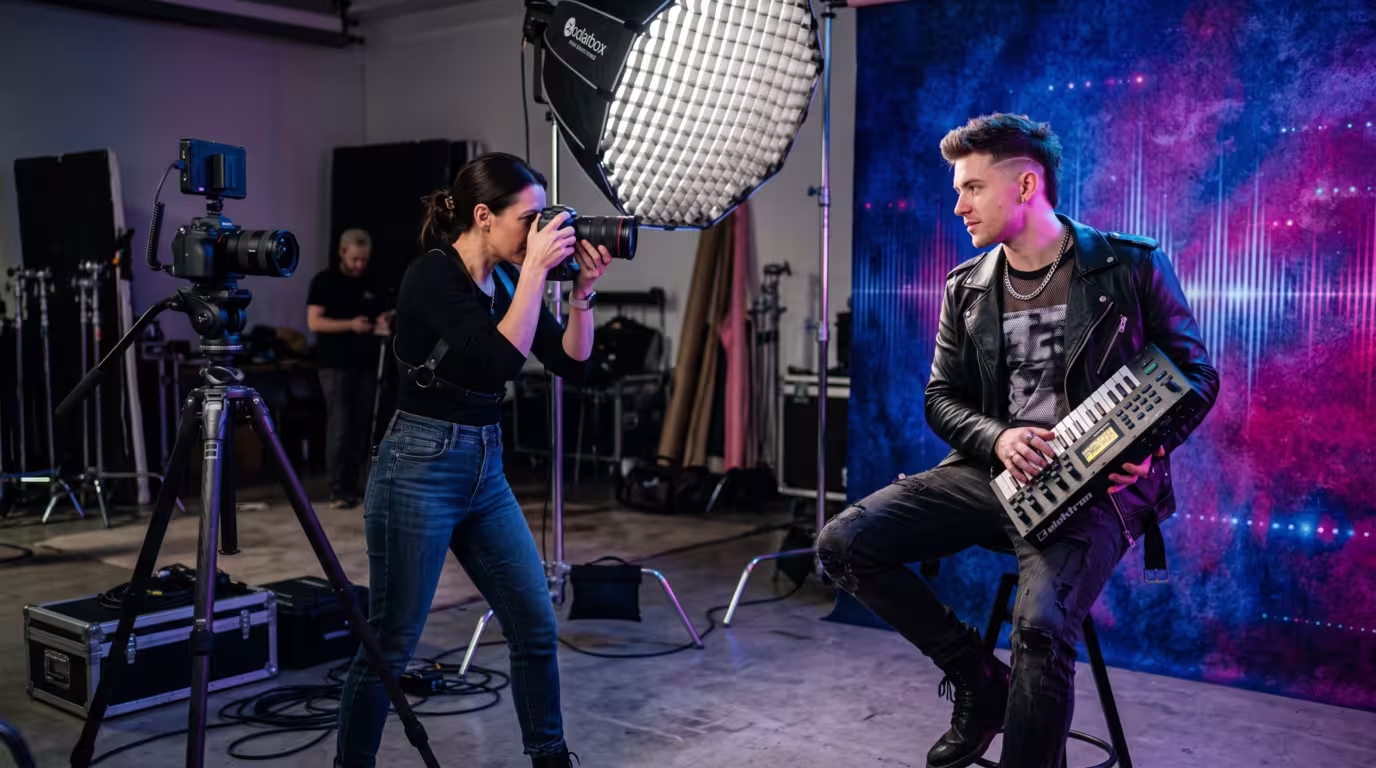 A photographer shooting a DJ during a styled press-photo session