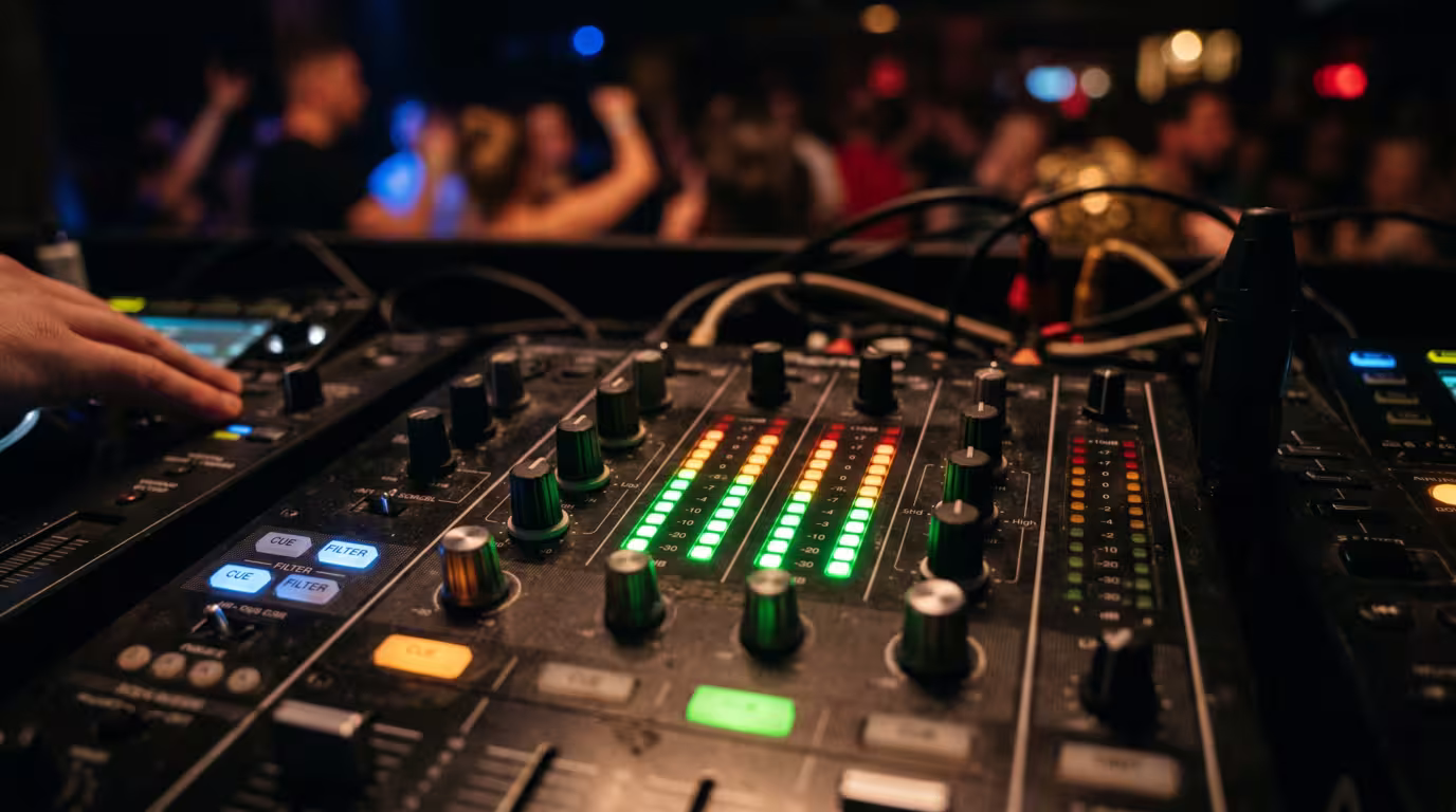DJ mixer level meters peaking in the orange below the red