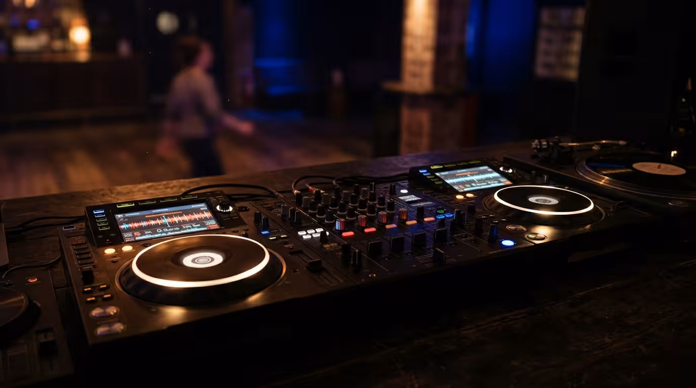 A club DJ booth with two media players and a central mixer
