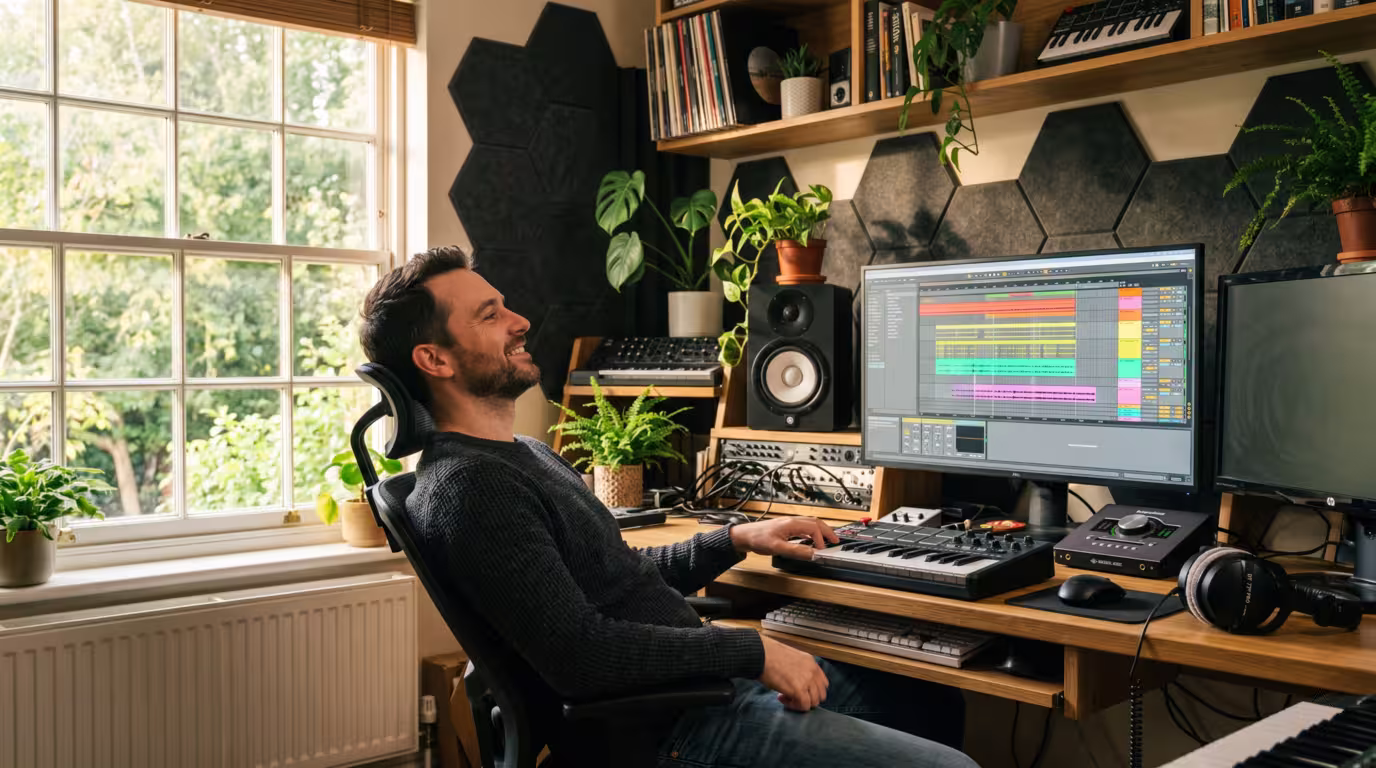 Producer finishing and saving a track at a DAW in a bright home studio
