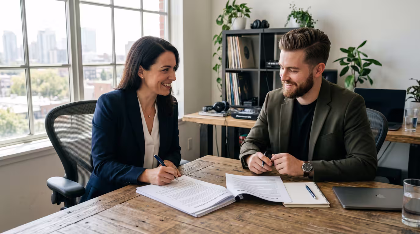 A DJ and a client reviewing and signing a printed contract at a table
