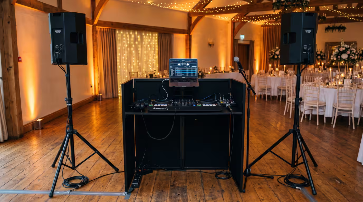 A mobile DJ setup with speakers on stands and cables in a public function room