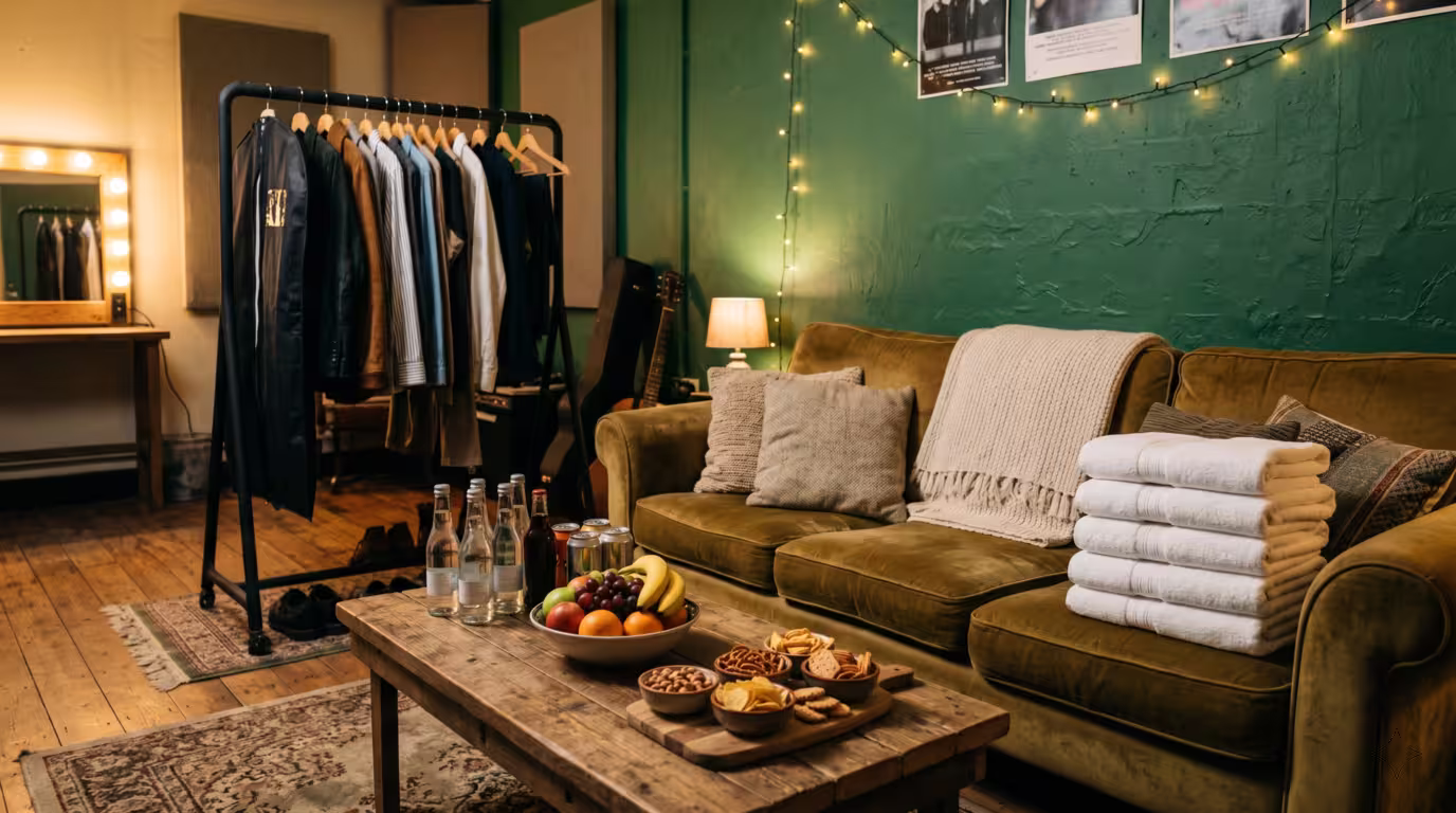 A backstage green room with a sofa, drinks, snacks and towels laid out