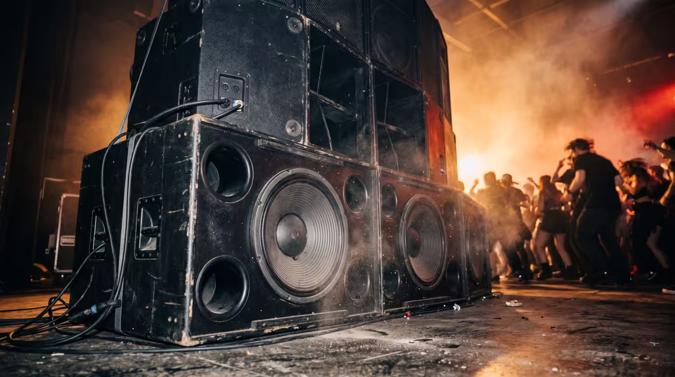 Towering speaker stack and sub-bass bins at a bass-music event