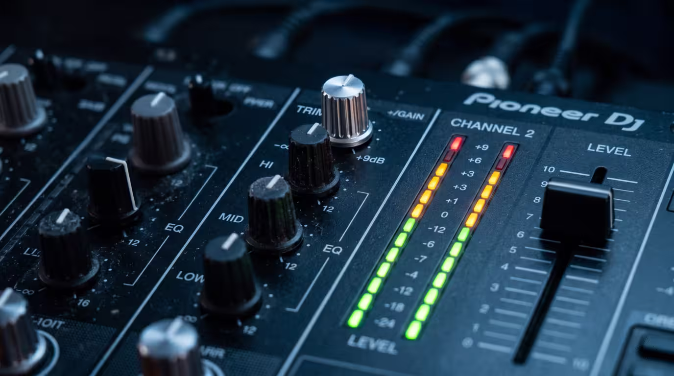 Close-up of a DJ mixer channel strip with trim knob and glowing green and amber level-meter LEDs