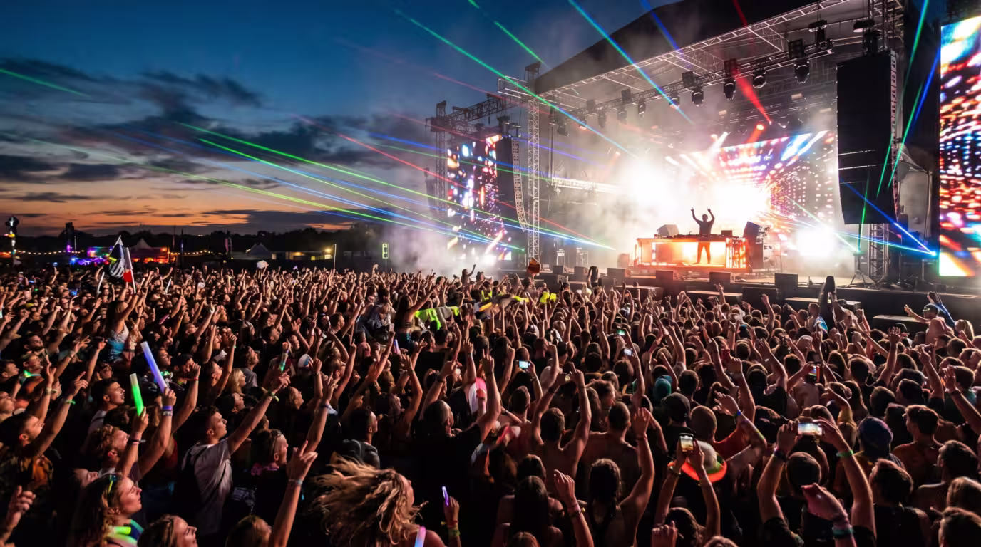 A festival crowd facing a lit main stage where a DJ performs