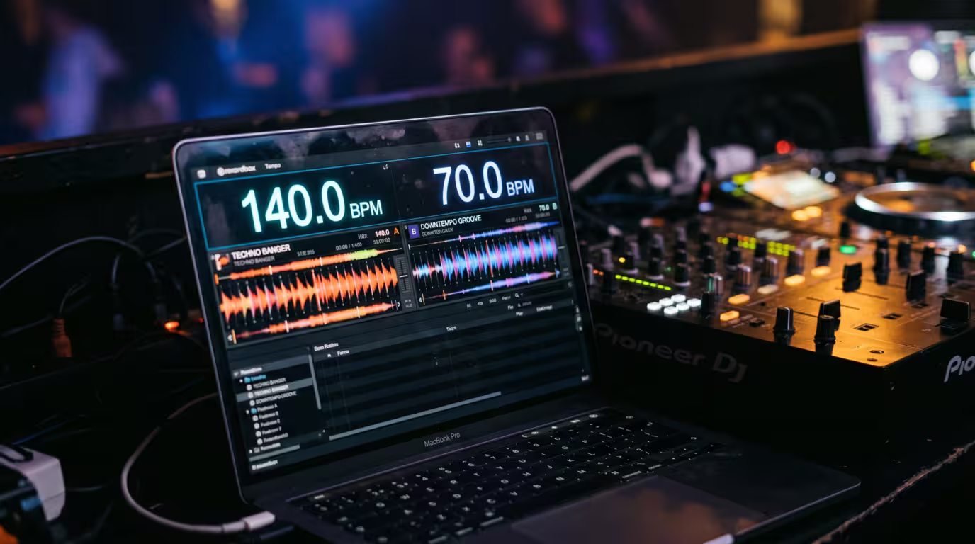 DJ software showing one deck at 140 BPM and another at 70 BPM
