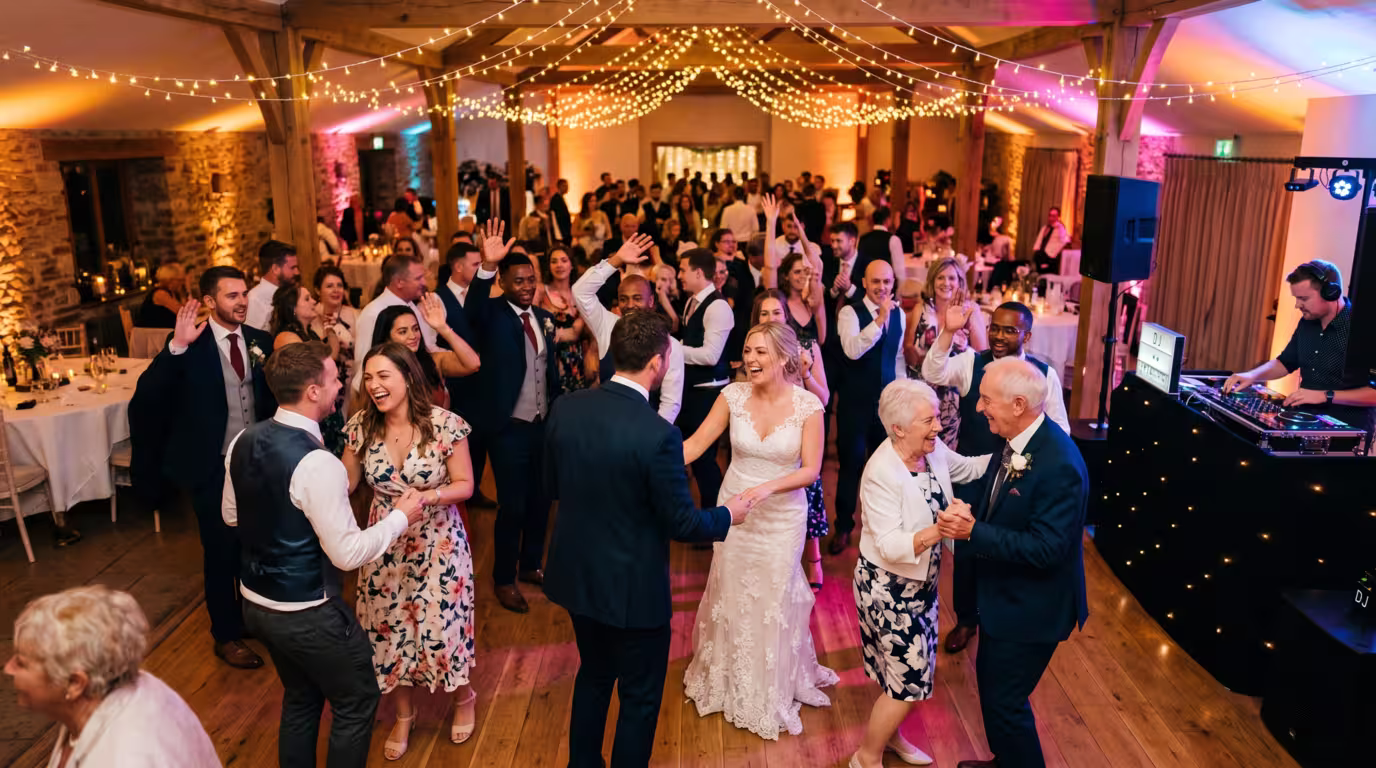 Guests dancing at a wedding reception where requests are part of the job