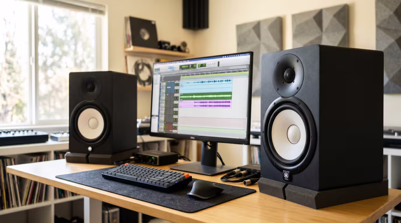 Active nearfield studio monitors with white woofers and dome tweeters on a desk