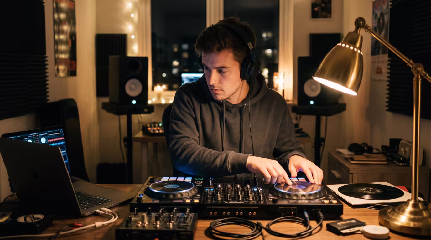Beginner DJ practicing on a controller at home