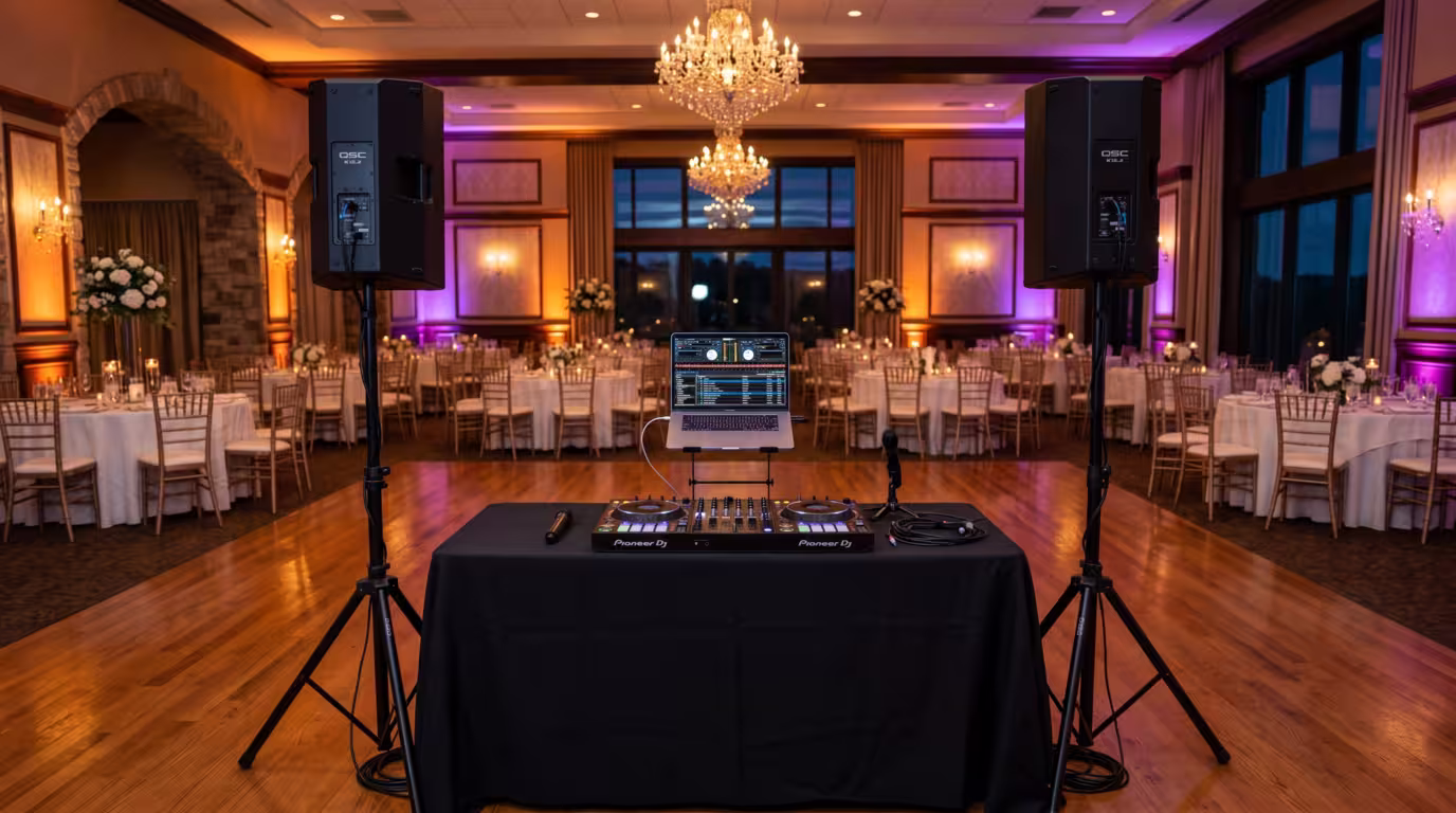 Full mobile DJ setup with speakers and uplighting at a wedding reception