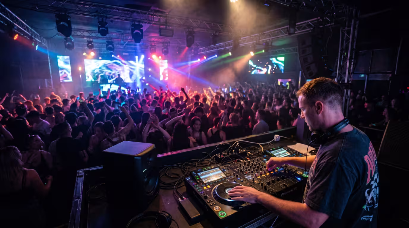 DJ performing to a club crowd, the context for public-performance royalties