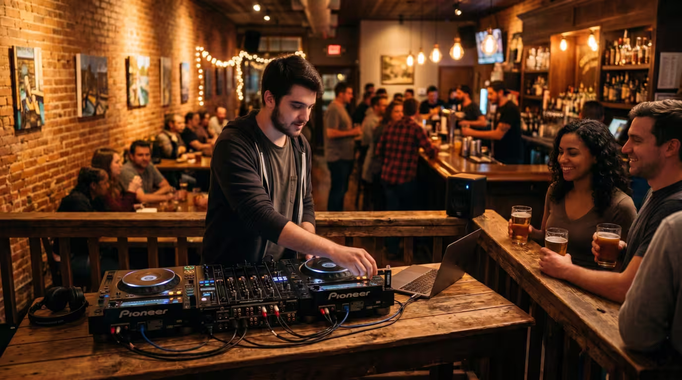 A DJ playing an open-decks night in a small bar