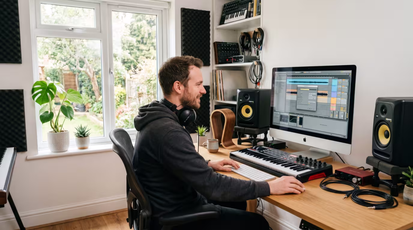 Producer exporting a finished track at a DAW in a bright home studio