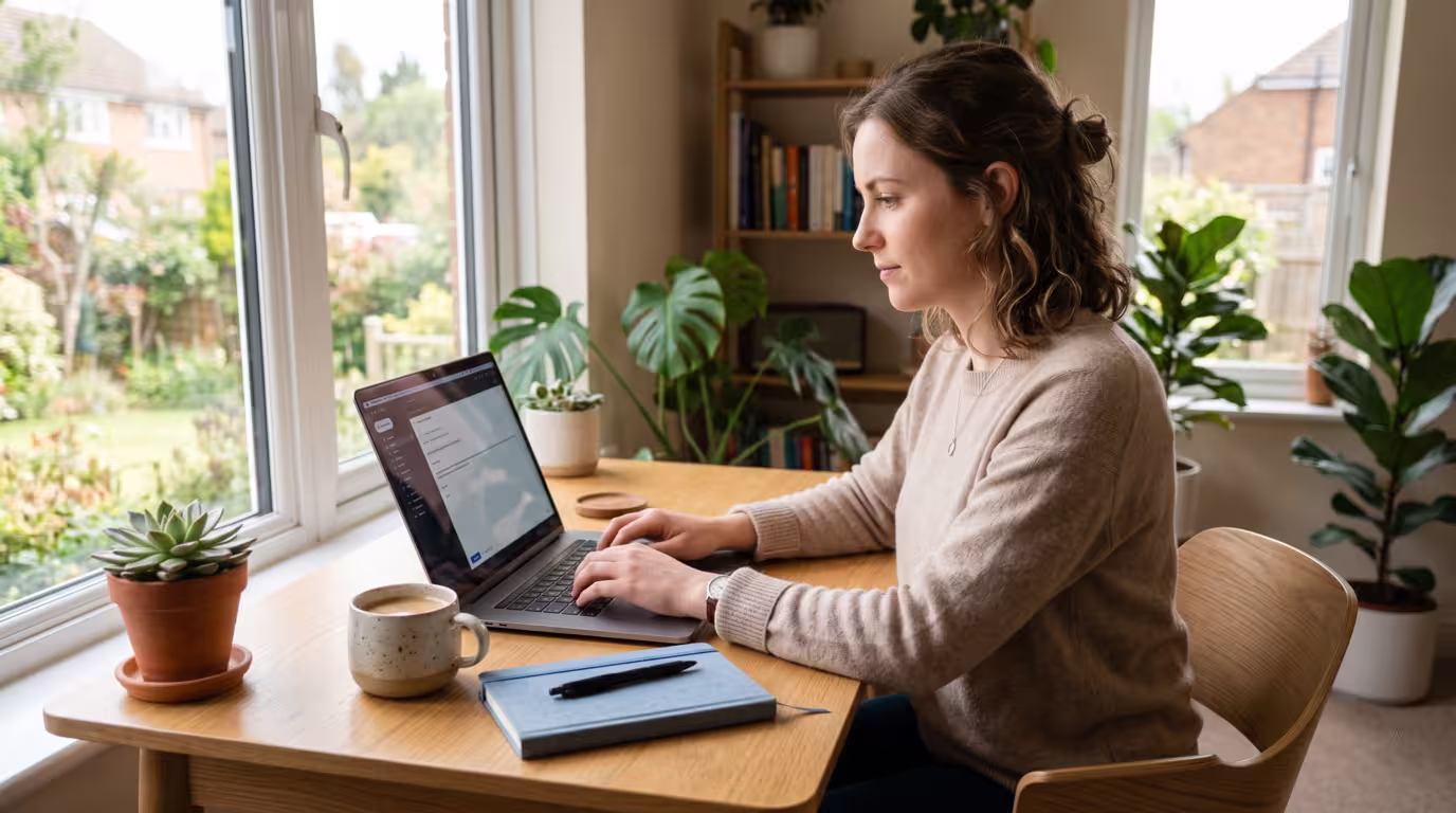 Producer writing a concise demo email at a tidy desk