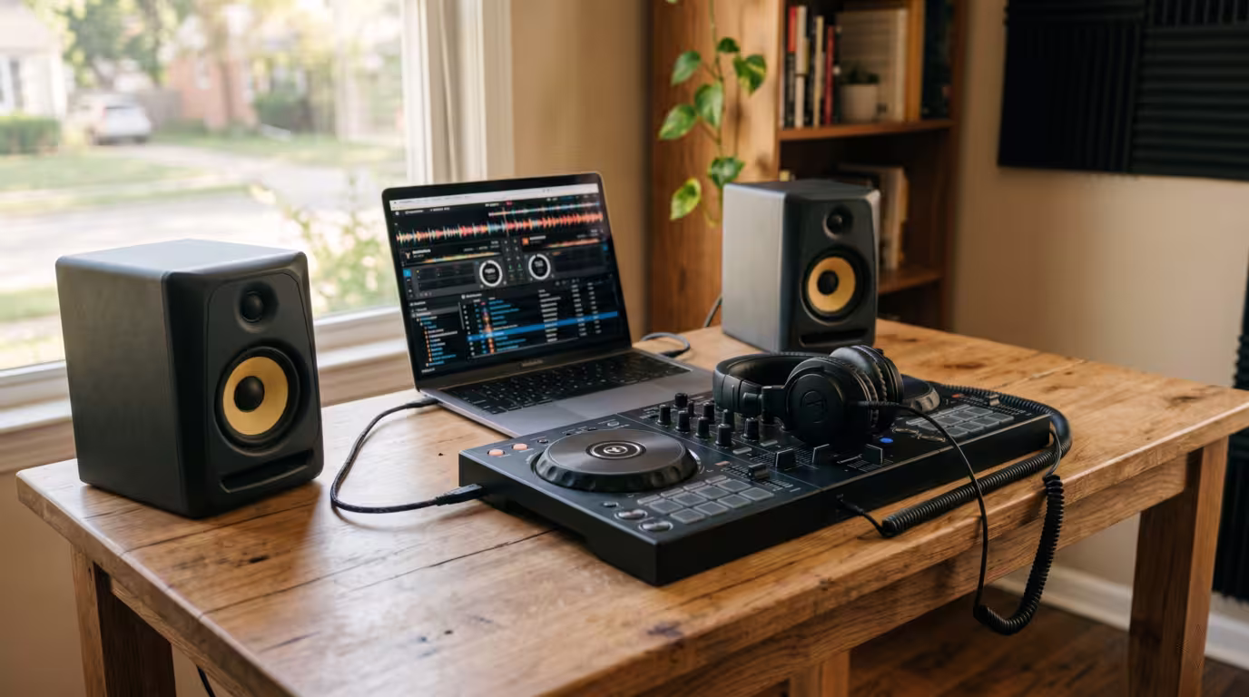 Beginner DJ controller connected to a laptop with headphones and two powered monitor speakers