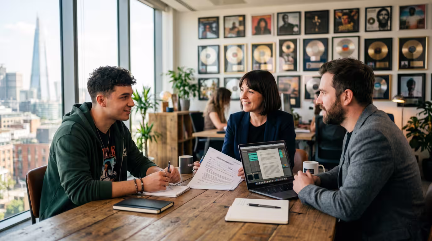 A producer meeting with record-label staff over a contract in an office