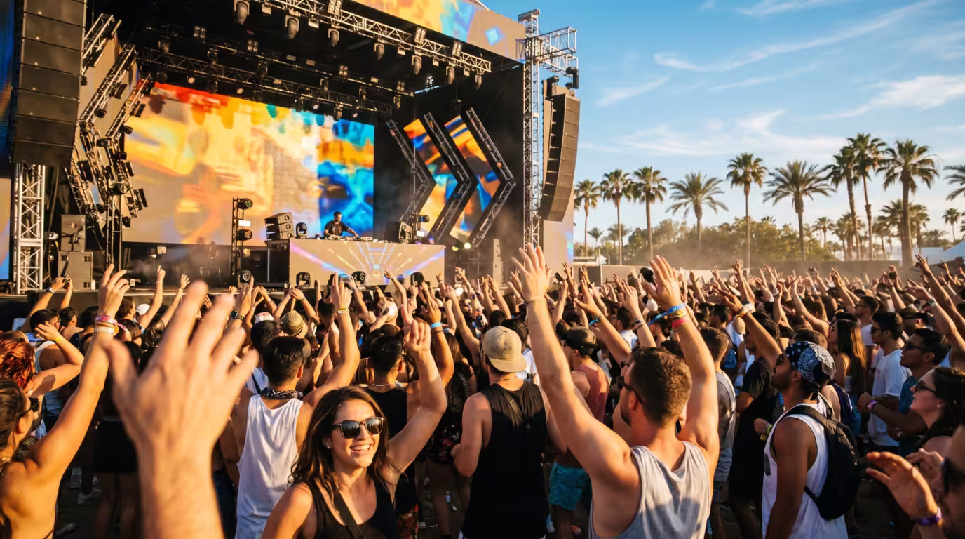 Daytime open-air house-music festival crowd dancing in sunlight