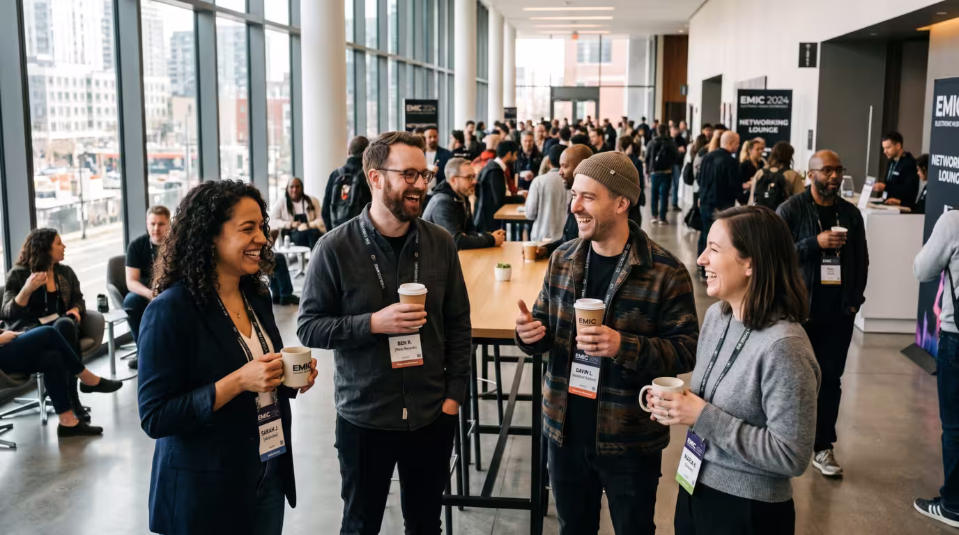 People with conference lanyards talking at a daytime music industry event