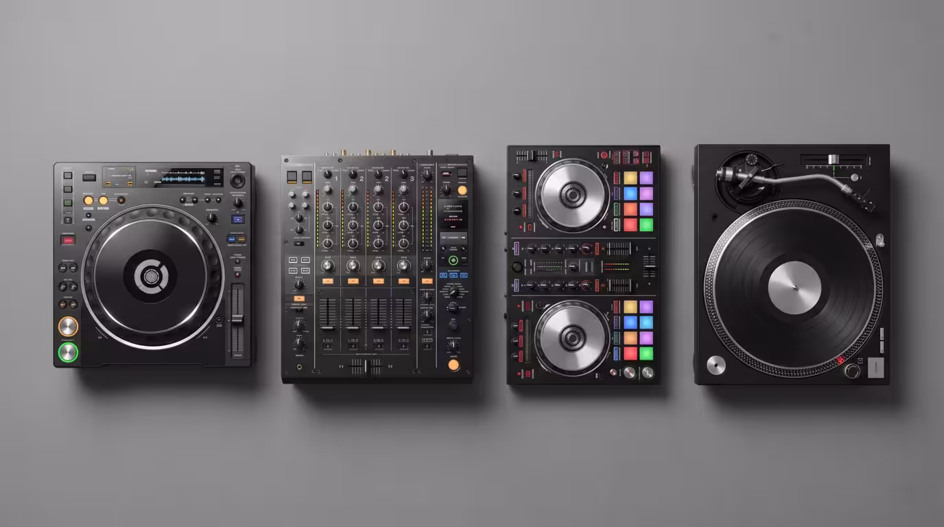 One example of each Pioneer DJ product family side by side: media player, mixer, controller and turntable