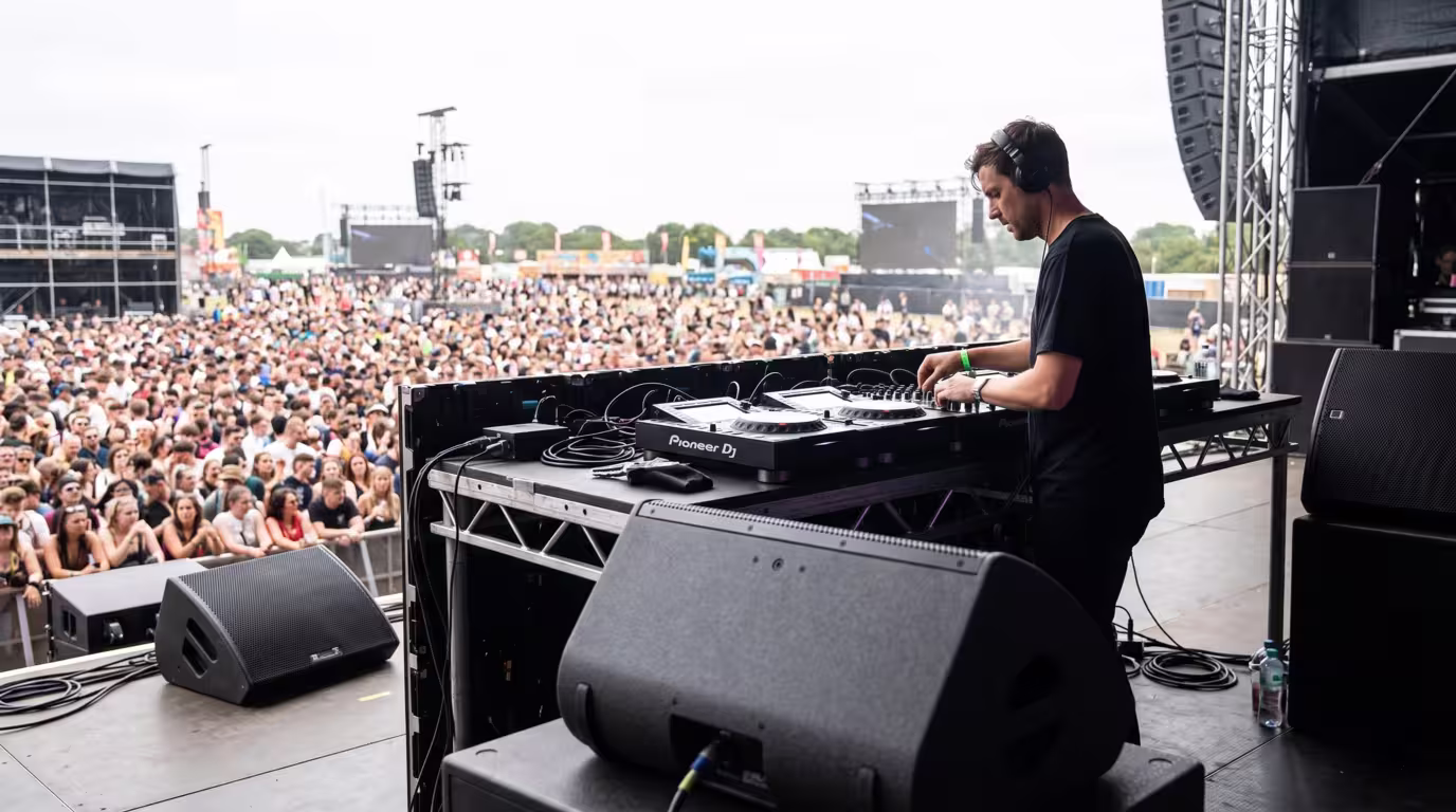 DJ on an elevated festival stage with CDJs, mixer, and a monitor wedge