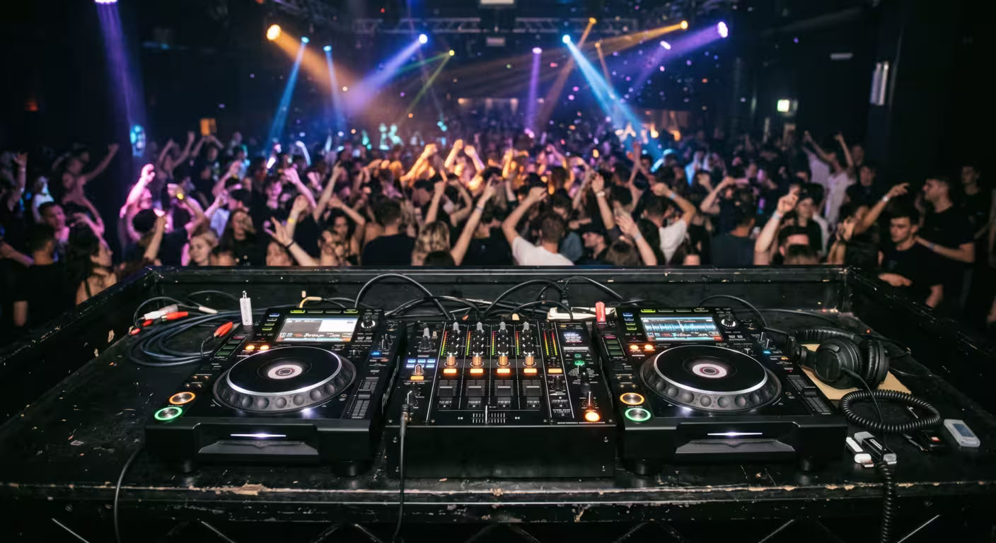 A club DJ booth with two CDJ players and a four-channel mixer