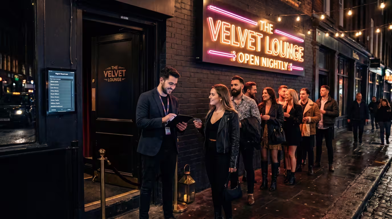 A door person checking a guest list at the entrance of a club at night