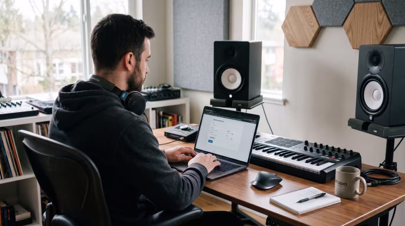 A producer entering song details and splits into a registration form on a laptop