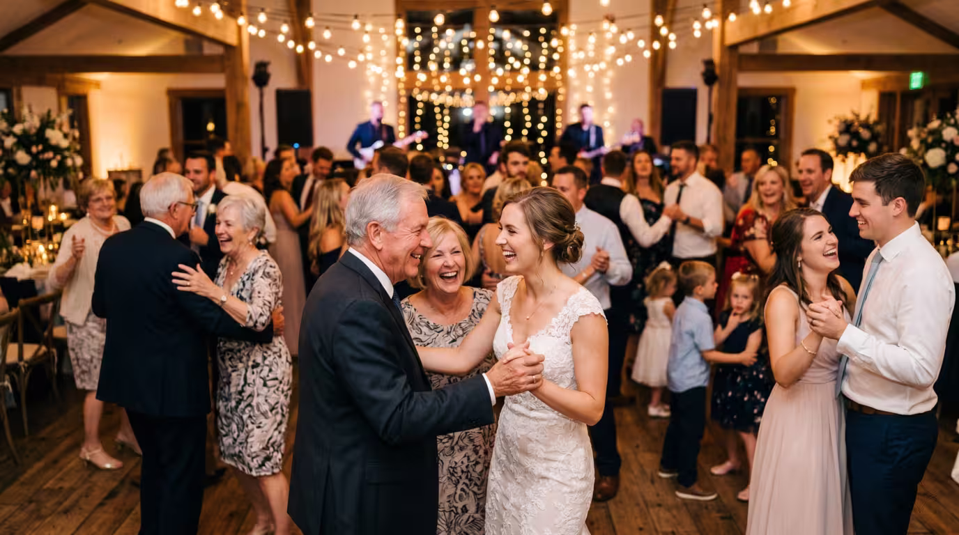 A multi-generational wedding crowd dancing together