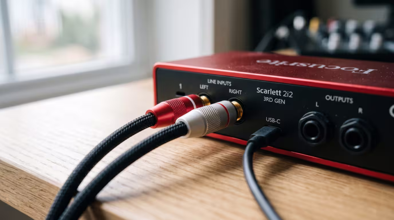 Audio interface with RCA cables on a bright desk