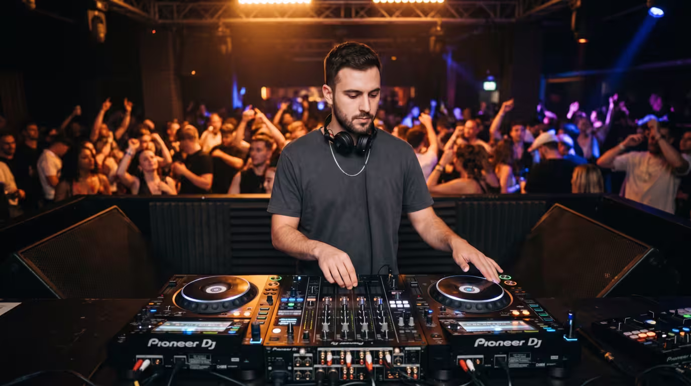 A composed DJ working calmly at CDJs under low club lighting