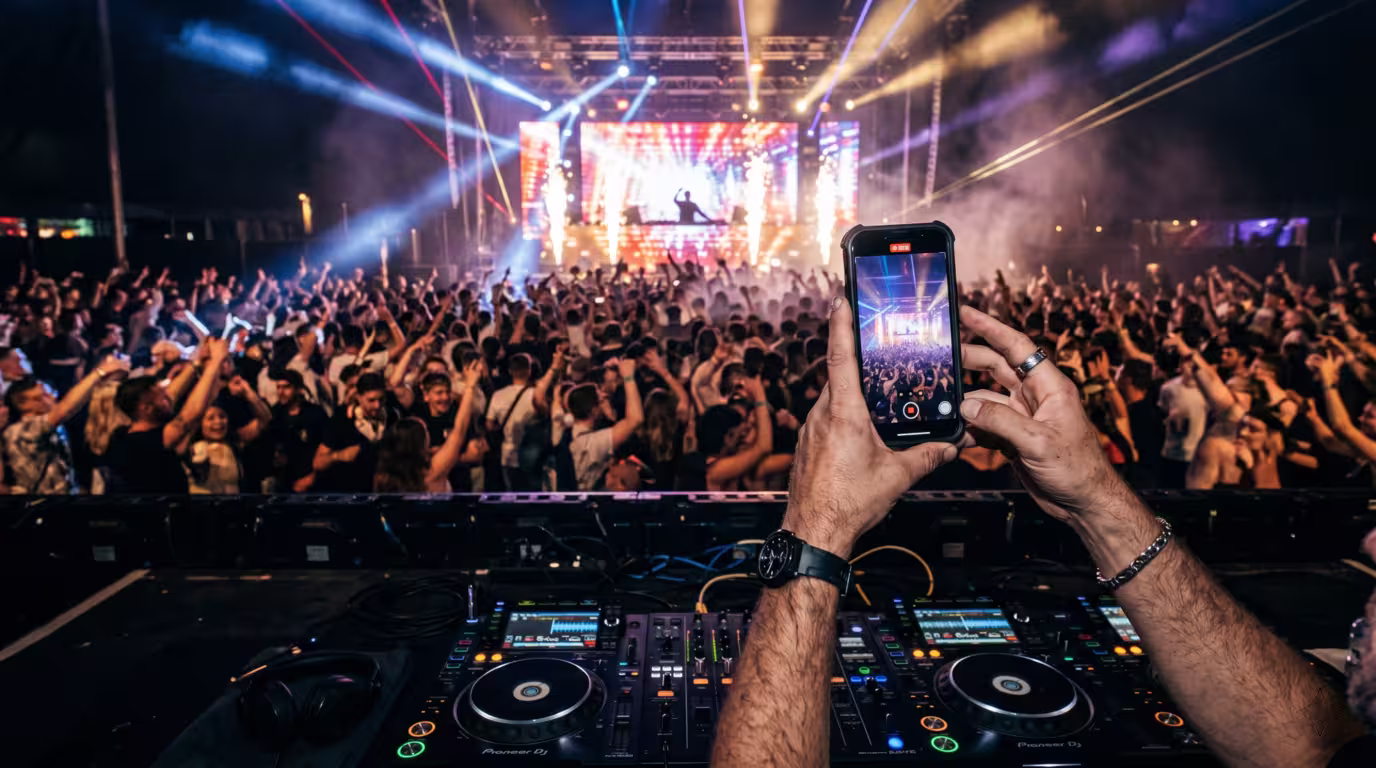 A DJ holding a phone to capture a crowd and lights during a gig