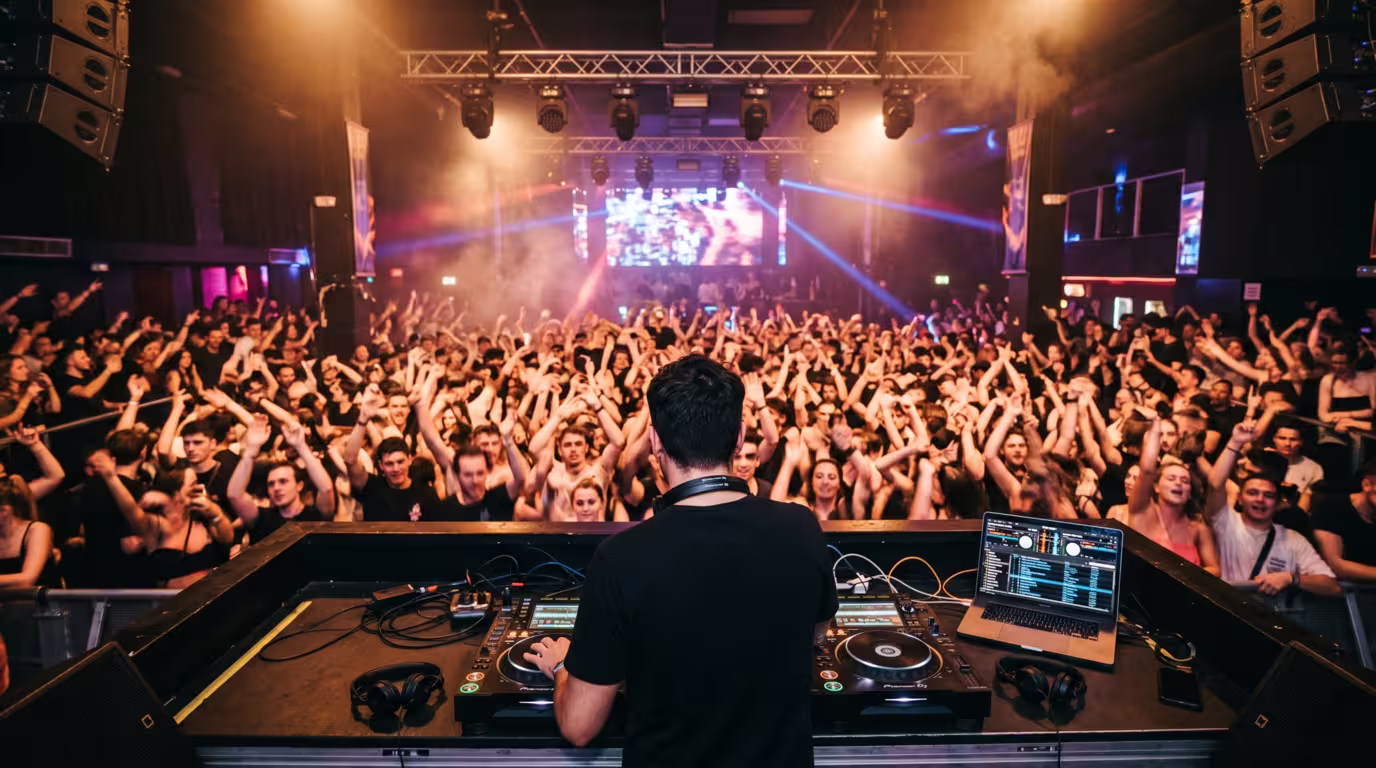 Crowd at peak time with hands raised under club lighting