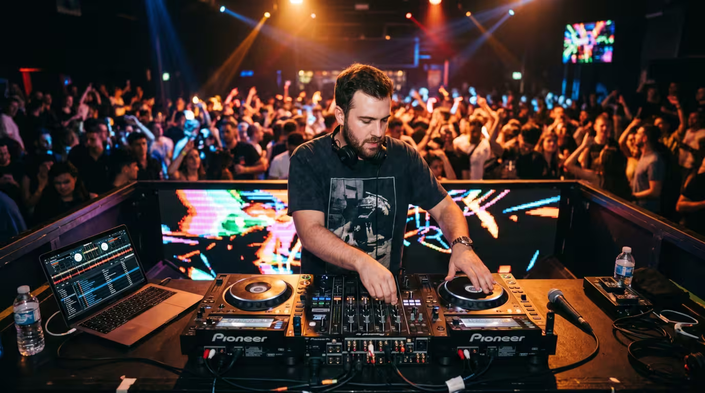 A DJ mixing on club equipment in front of a crowd