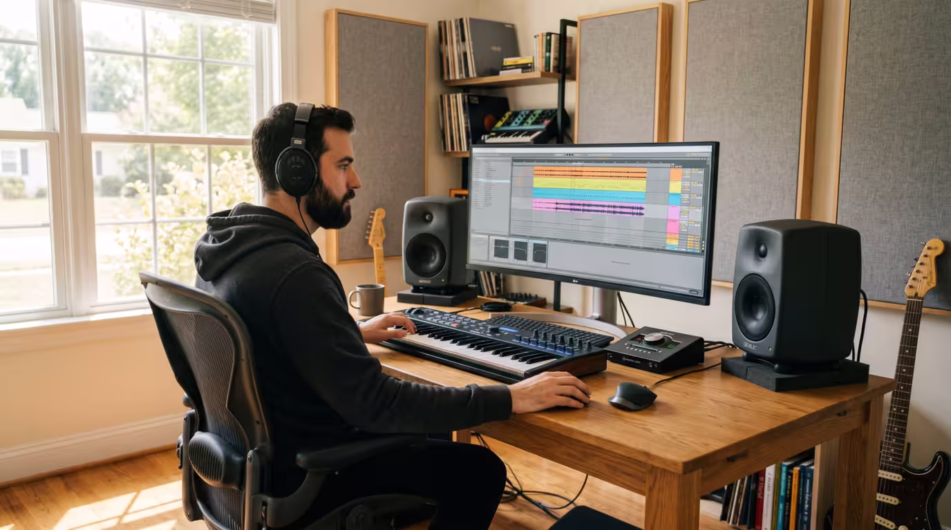 A ghost producer working alone at a DAW in a home studio